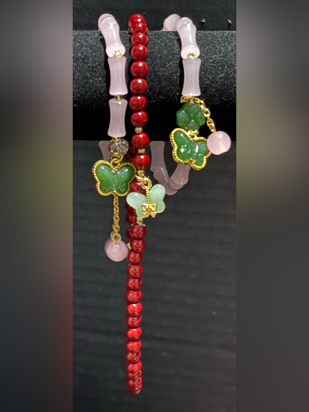 GORGEOUS RED CORAL LIKE & PINK BAMBOO GLASS BEADED NECKLACE & BRACELETS 3PC SET